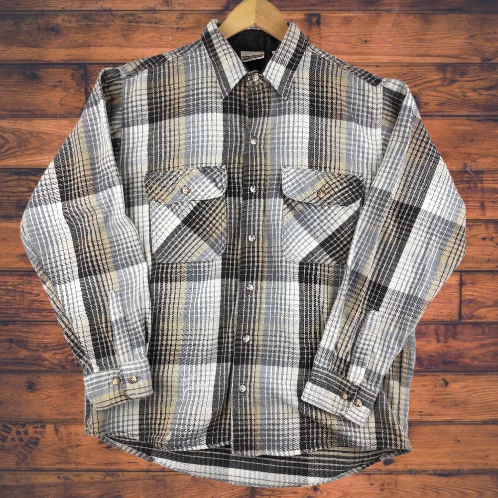 Vtg Field & Stream Flannel Button Up Shirt Plaid Beige Mens Sz L 100% Cotton USA